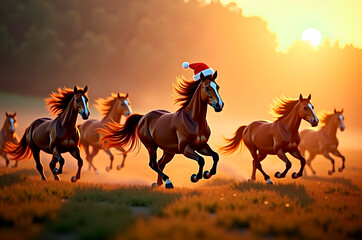 Obraz premium Running Horses with Santa Hat at Sunset