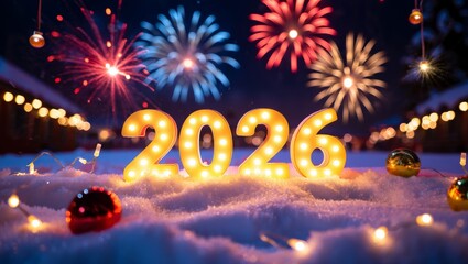 Magical New Year 2026 Celebration with Glowing Numbers, Fireworks and Snowy Night Background