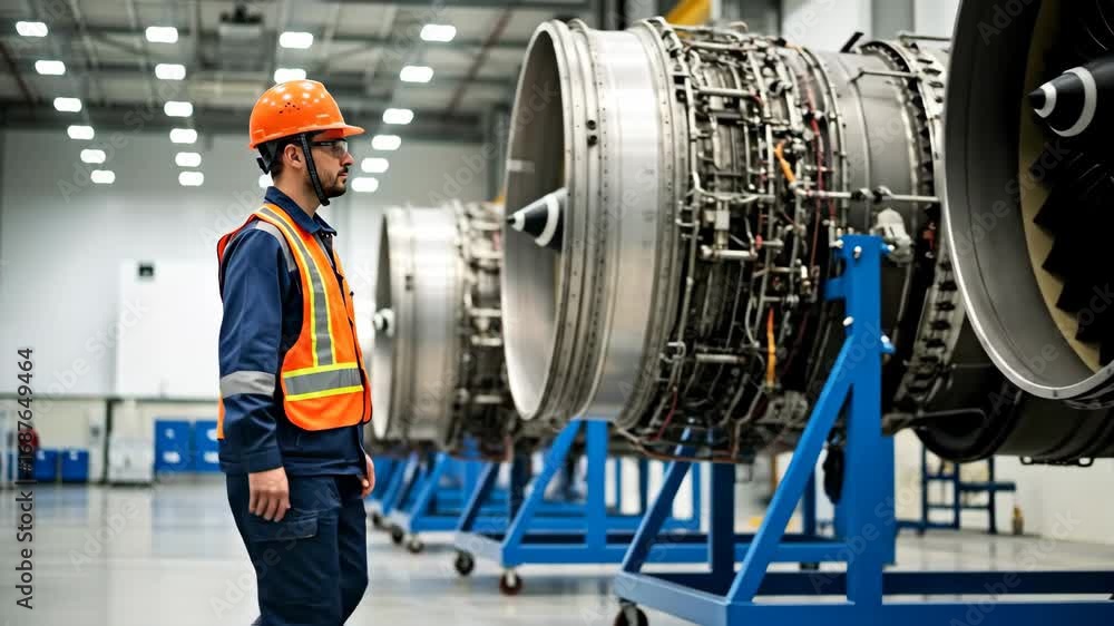 Poster engineer inspecting aircraft engines in factory - a plant worker wearing a safety helmet and vest wa