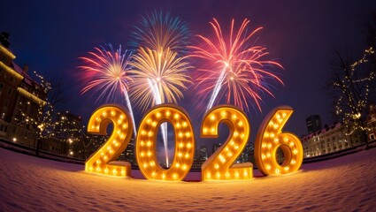 Magical New Year 2026 Celebration with Glowing Numbers, Fireworks and Snowy Night Background