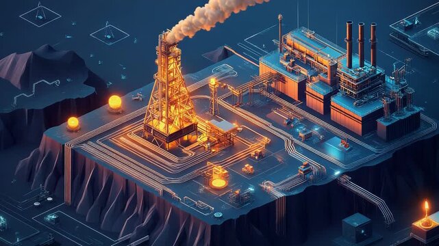 Futuristic oil refinery plant processing fossil fuels on a circuit board