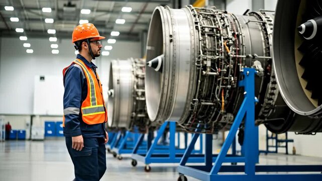 Engineer Inspecting Aircraft Engines in Factory - A plant worker wearing a safety helmet and vest walks through a large factory bay where rows of aircraft engines are on display.