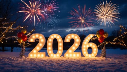 Magical New Year 2026 Celebration with Glowing Numbers, Fireworks and Snowy Night Background
