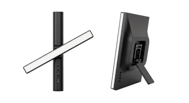 Modern Black Monitor with Adjustable LED Light and Stand Rear View.