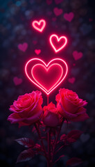 Romantic Neon Hearts and Roses in a Dark Setting.A captivating image showcasing a bouquet of vibrant pink roses illuminated by a glowing neon heart shape.