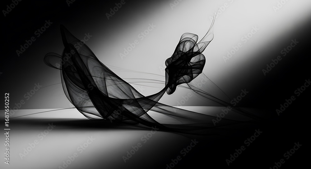 Poster an abstract composition featuring flowing, ribbonlike forms in shades of black and gray, creating a 