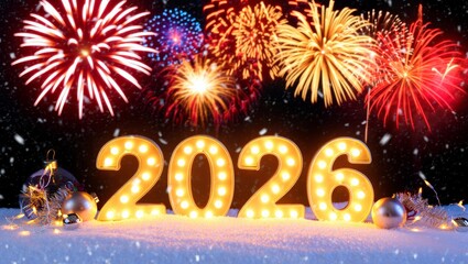 Magical New Year 2026 Celebration with Glowing Numbers, Fireworks and Snowy Night Background