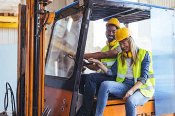 Friendly Teamwork of Factory Workers Laughing Together on Machinery