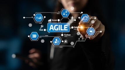 Visual representation of the agile methodology featuring icons for project management, teamwork, and innovative solutions in a modern business environment. Tessel