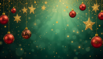 Festive Christmas Ornaments and Stars Against a Teal Background.A beautiful, digitally created image showcasing Christmas ornaments and gold stars hanging against a soft, teal-green background.