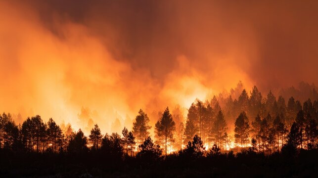 Flames engulfing forest create dramatic contrast against darkene