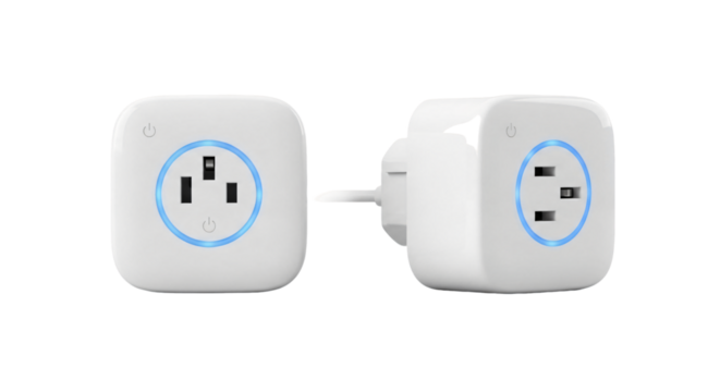 Two White Smart Plugs with Type I Sockets and Blue LED Light.