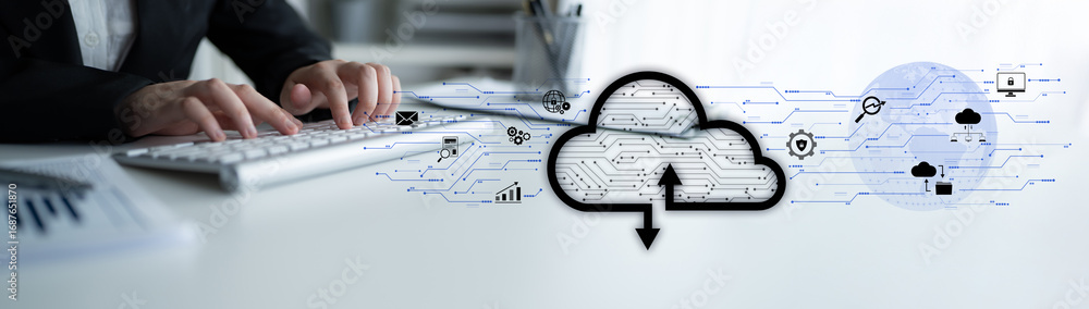 Poster cloud computing enables digital growth with secure data storage, scalable infrastructure, and strate