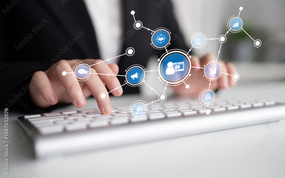 Poster hands on a keyboard illustrate technology and communication concepts, featuring digital icons that r