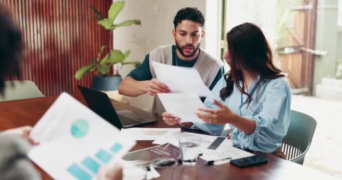 Meeting, team and discussion with documents in office, publicist or talking with client for campaign. People, plan and brainstorming with paperwork for proposal, public relations and collaboration