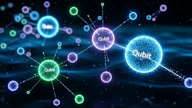 Quantum Computing Network - Abstract visualization of a quantum computing network, showing interconnected qubits represented as glowing spheres.