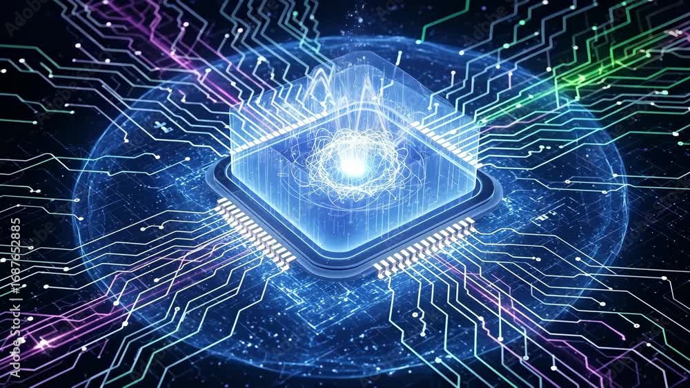 Poster futuristic microchip technology - a stylized close-up of a microchip with glowing circuits and a cen
