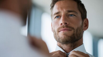 Confident man adjusting tie in bright, modern environment showca