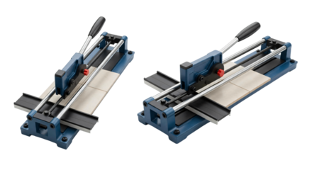 Blue Tile Cutter with Black Handles and Tile.