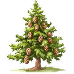 Isolated green fir branch with pine cone and gold ornament for Christmas holiday celebration and winter decoration