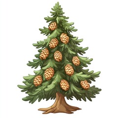 Decorated Christmas tree with pine cones and ornaments isolated on white background