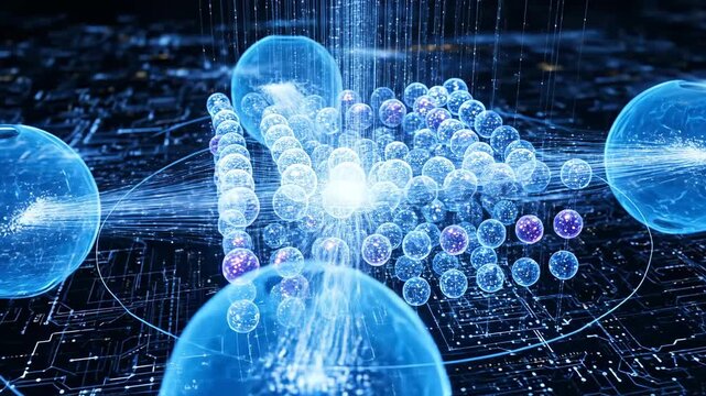 Quantum Computing Qubits Processing Data - Abstract representation of quantum computing, showcasing qubits processing data as glowing spheres interconnected by streams of light on a circuit board