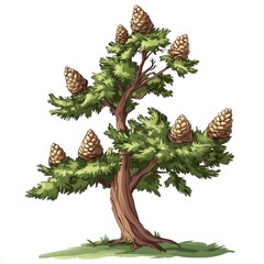 Vector illustration of a green Christmas tree with pine cones on a snowy branch as a winter holiday decoration