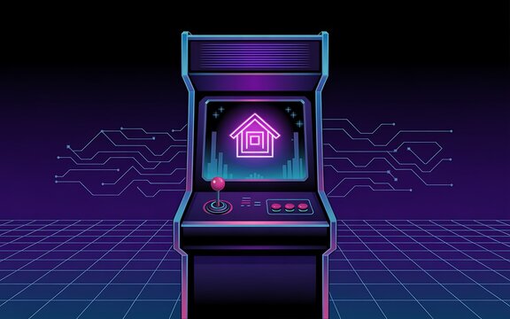 Retro Arcade Machine with Glowing House Icon Symbolizing Home Ownership in Digital Age Technology and Gaming