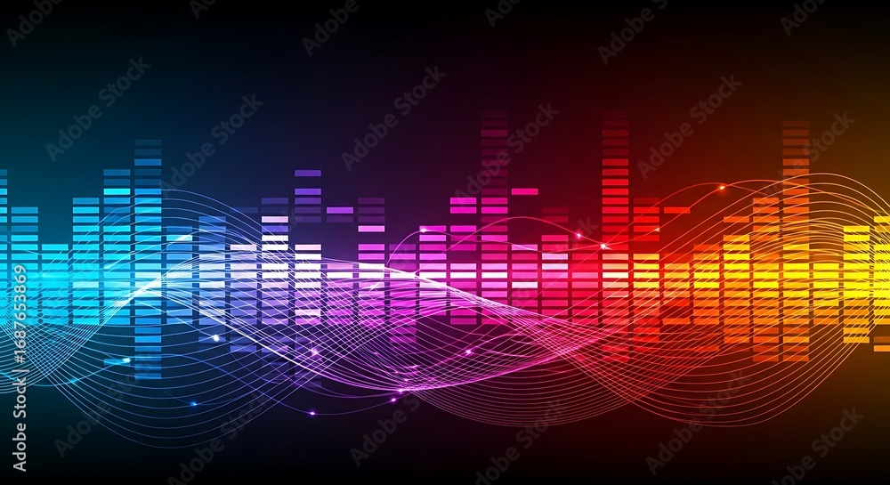 Poster vibrant equalizer display with a spectrum of colors, showcasing dynamic audio visualization and the 