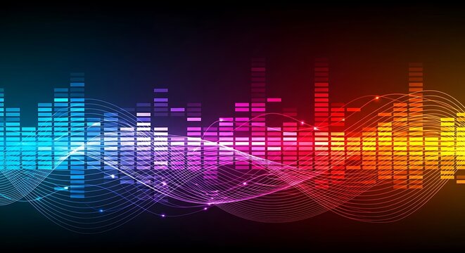 Vibrant equalizer display with a spectrum of colors, showcasing dynamic audio visualization and the interplay of sound waves in a modern, digital graphic representation on dark background