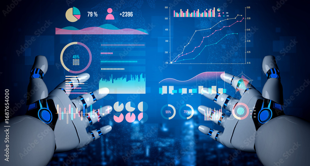 Aufkleber this image features futuristic robot hands interacting with vibrant data visualizations and graphs, 