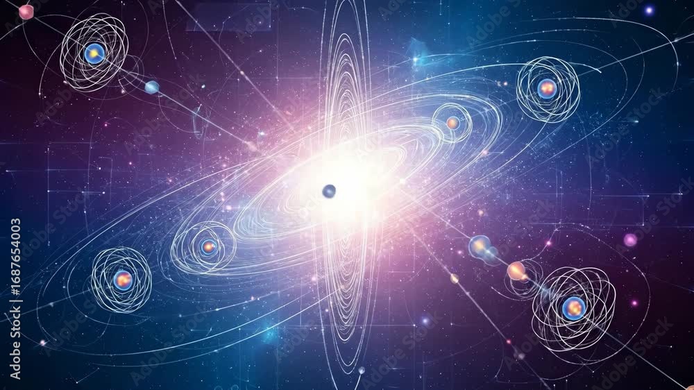 Poster quantum world: subatomic particle interaction - an illustration depicting the interaction of subatom