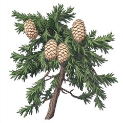 A simple studio shot of pine cones and needles on a white background and close-up natural images of pine cones on a branch