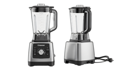 Modern Stainless Steel Countertop Blender with Glass Jar and Control Panel.