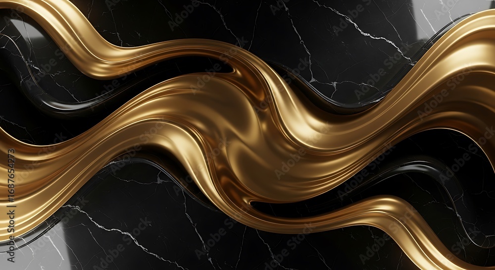 Poster an elegant abstract background featuring a dynamic interplay of black marble and flowing gold, creat