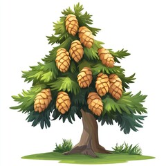 Vector illustration of a green pine or fir tree with cones and snow, a winter holiday decoration