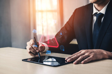 Cybersecurity threat alert protects data. Cyber security threat alert prevents access, alert warns...