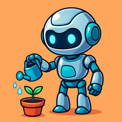 Obraz premium A friendly cartoon robot character carefully watering a small green seedling, symbolizing the harmony between technology and nature