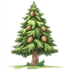 Decorated green Christmas tree with ornaments and gifts on white background