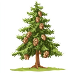 Christmas tree decorated with ornaments and pine cones isolated on white background