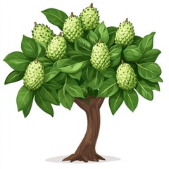 Green leafy tree with ripe red berries in a summer garden closeup vector illustration