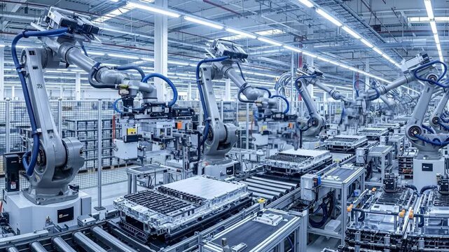 Robotic Arms Assembling Electric Vehicle Batteries - Multiple robotic arms work in a modern factory setting, assembling electric vehicle batteries on a production line.