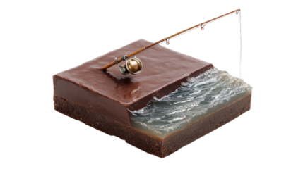 Surreal Confection A Chocolate Island with Ocean Waves and a Fishing Rod Against a Checkered Background