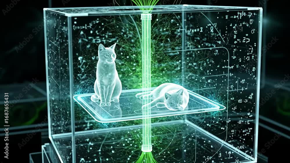 Poster holographic cats in data cube - two translucent holographic cats appear inside a glass cube filled w