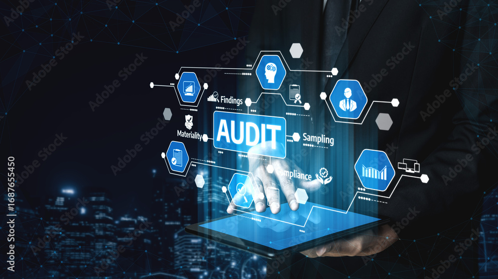 Poster a business professional engages with a digital audit platform on a tablet, showcasing compliance fea