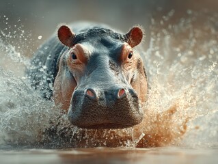 Fototapeta premium Hippopotamus swimming through the water creating splashes during daylight in a natural habitat