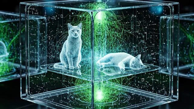 Quantum Cats in Energy Chamber - Two translucent cats sit inside a glowing glass cube filled with quantum energy streams and data.