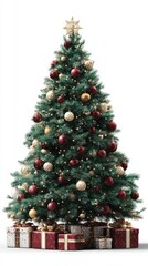 Decorative Christmas tree adorned with ornaments and gifts placed underneath in a festive celebration setting