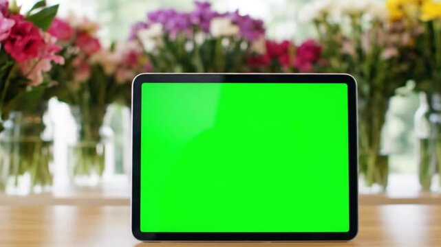 Tablet with green screen in a flower shop with fresh bouquets blurred.