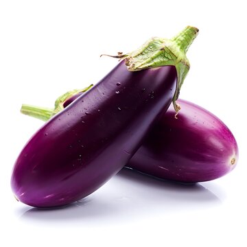 Two Fresh Eggplants with Water Droplets on a White Background